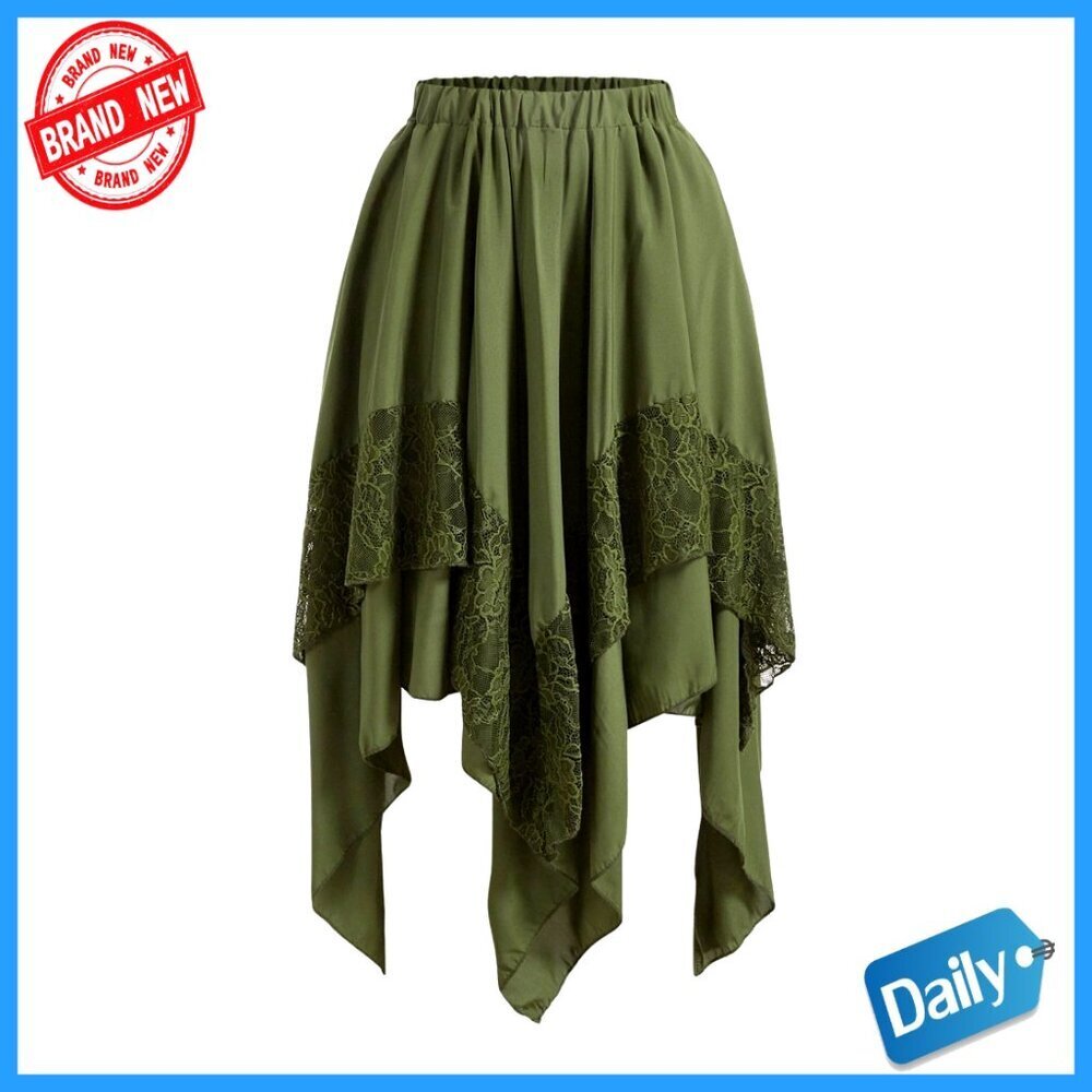 Elastic Waist Asymmetrical Midi Skirt Lace Trim Flowy A-Line Renaissance